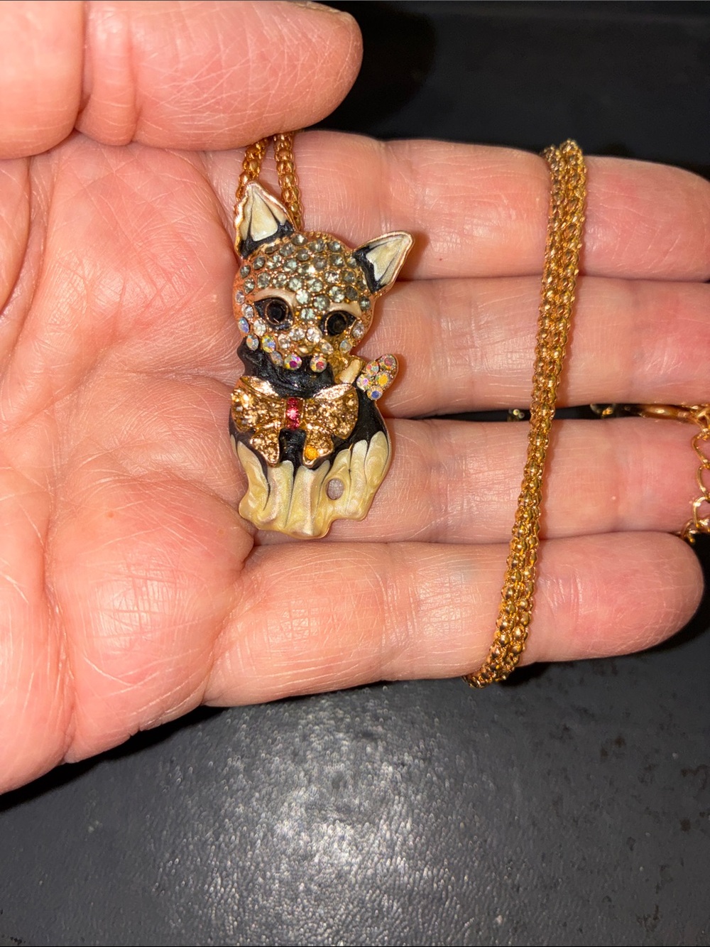 Crystal Cat Pendant Necklace in Gold/Tone and Cream